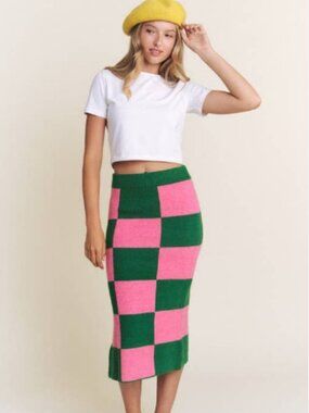 Candy Colorful Pink Green Checkered Sweater Skirt S/M Midi Stretch Whimsical